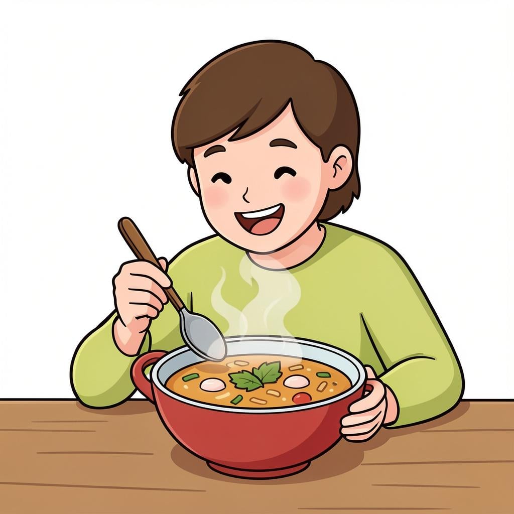 A person looking at a delicious, steaming bowl of soup with a happy expression.