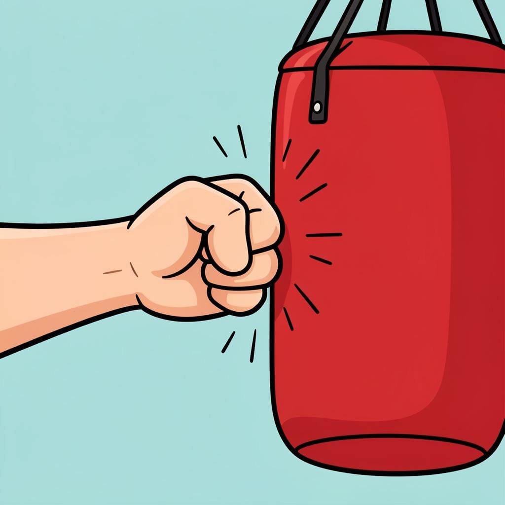 A colorful illustration of a closed fist making impact with a soft, round punching bag.