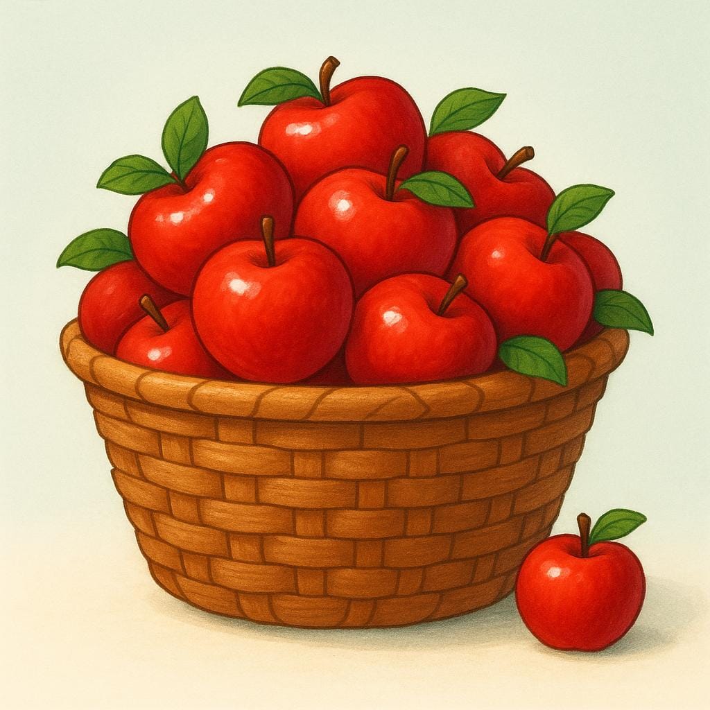 An illustration showing a basket completely full of apples, with one small, extra apple resting just outside the basket, symbolizing an excess amount.