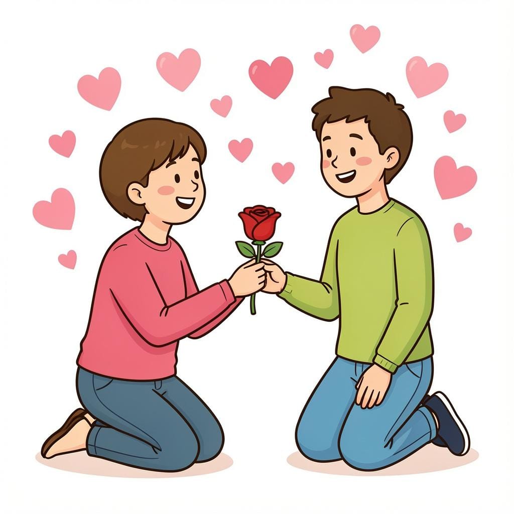 Una persona offre una bellissima rosa rossa a un'altra persona che sorride calorosamente.