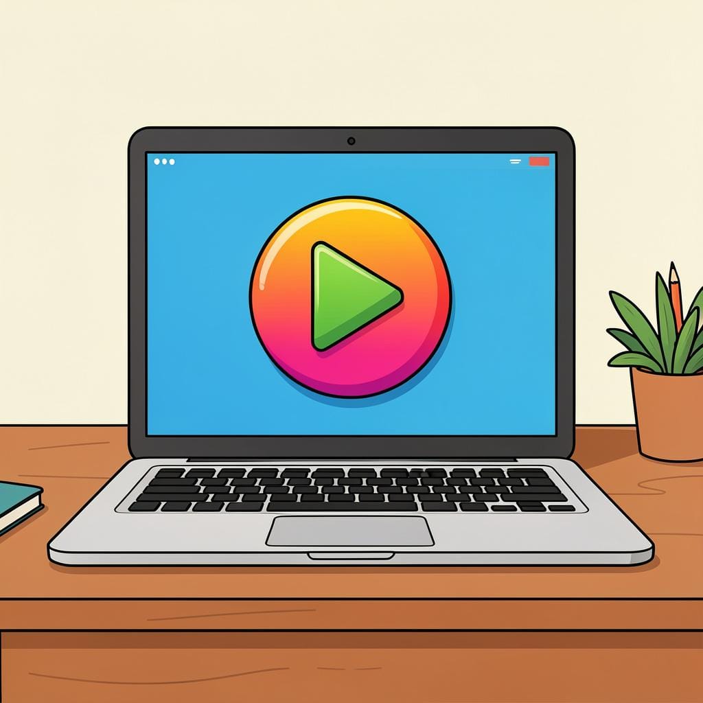 A glowing computer screen showing a large colorful play button symbol.