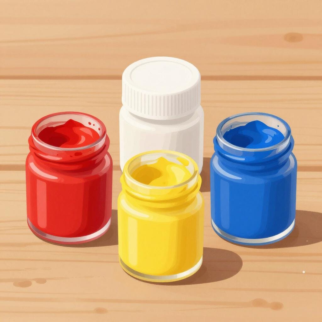 Three open jars of paint in the primary colors: red, yellow, and blue.
