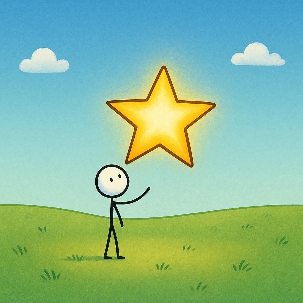 A small, simple stick figure standing alone in a vast, empty field, holding a single, disproportionately large and brightly glowing golden star, symbolizing importance.