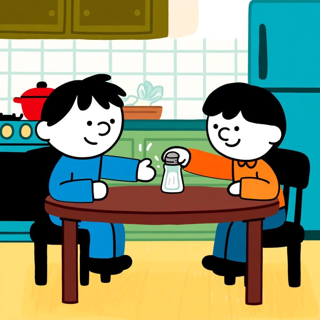 Uma pessoa pedindo educadamente a outra para passar um saleiro através de uma mesa de jantar, ilustrando um pedido educado.