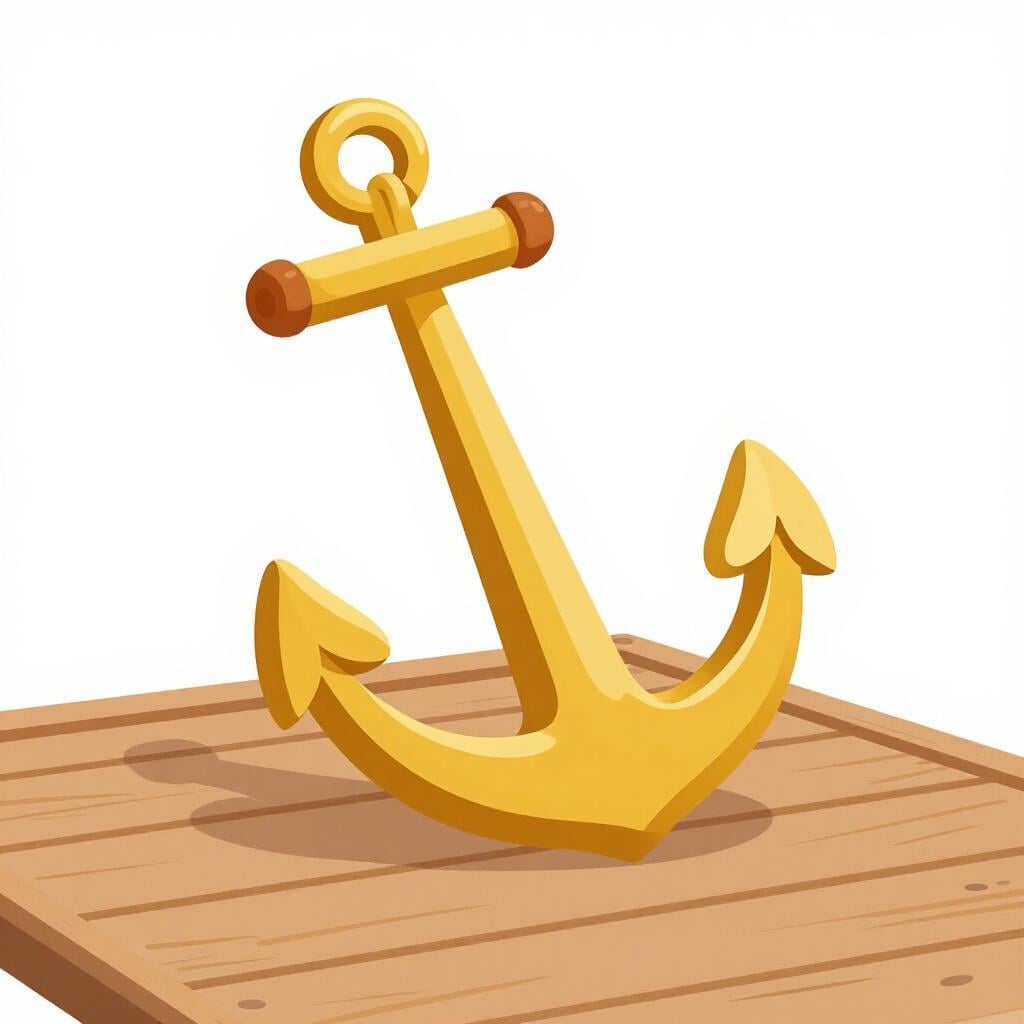 A heavy golden anchor resting on a wooden dock, representing weight and importance.