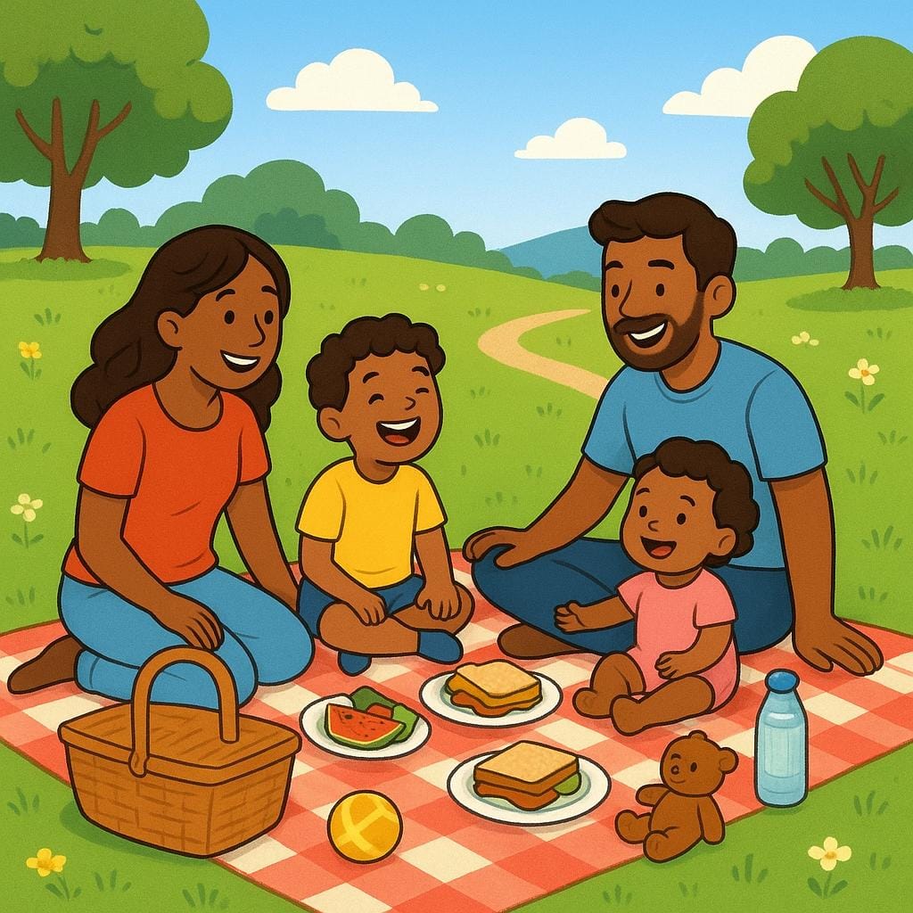 A cheerful family enjoying a picnic in a sunny park, symbolizing a short pleasure excursion.