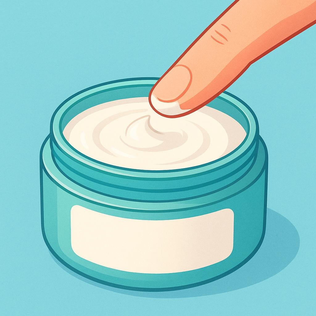 A hand's finger scooping a small amount of white cosmetic lotion from an open glass jar.