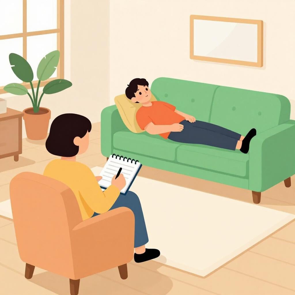 Eine Person sitzt in einem bequemen Sessel und macht sich Notizen, während eine andere Person auf einem weichen grünen Sofa liegt.