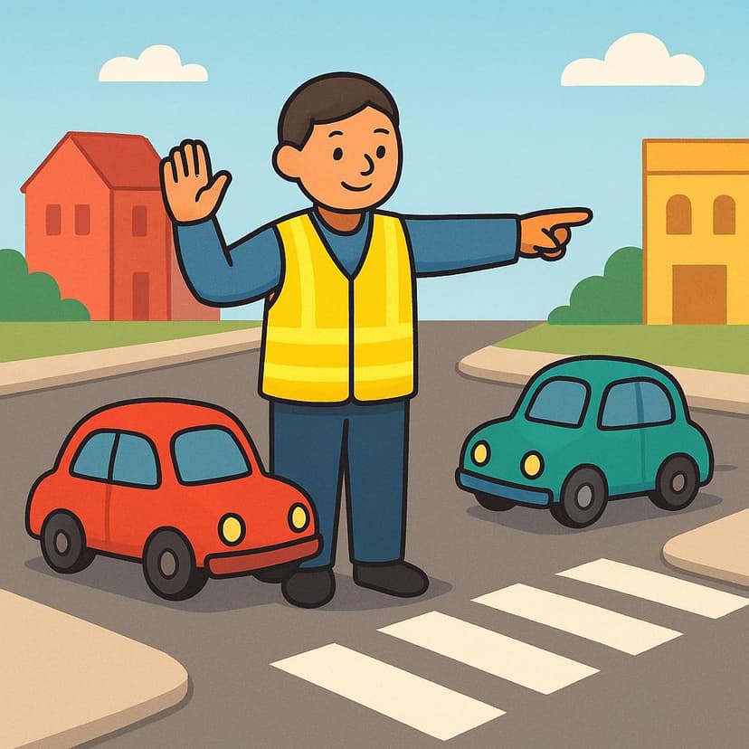 Eine vereinfachte Illustration einer Person, die eine leuchtende Weste an einer Straßenkreuzung trägt und klare Handzeichen verwendet, um die Bewegung von zwei kleinen, bunten Spielzeugautos zu steuern.