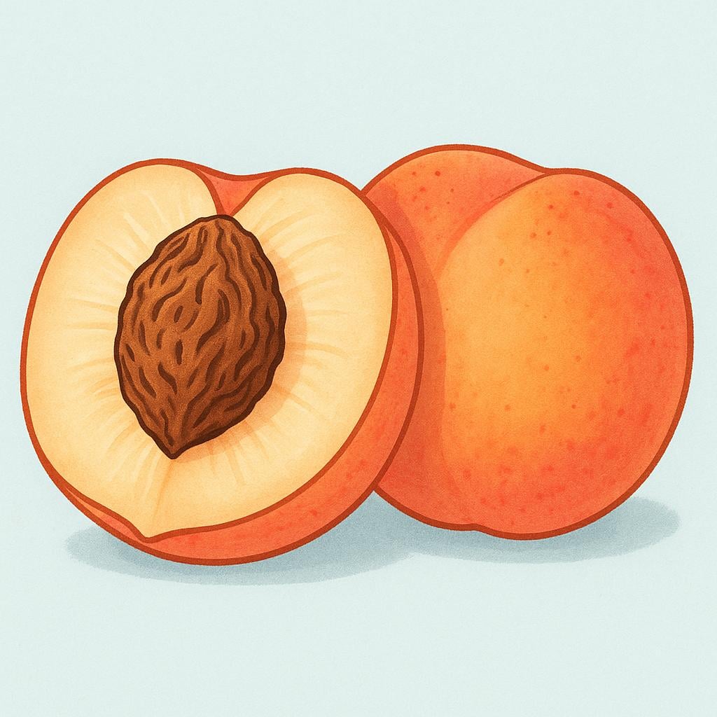 A colorful illustration of a ripe peach sliced in half, clearly showing the large, round brown pit in the center.