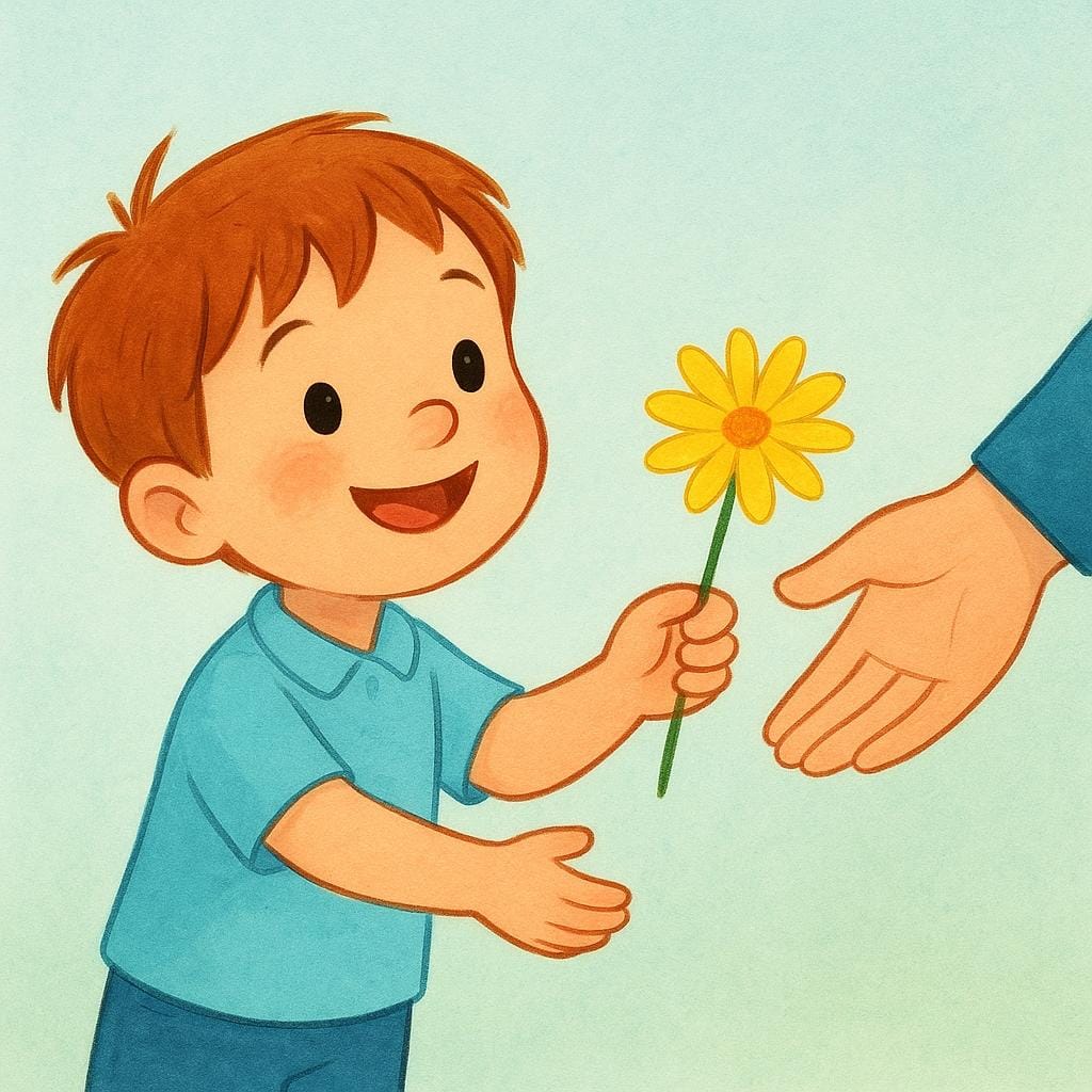 A colorful illustration of a small child with an open, honest expression sincerely offering a bright yellow daisy flower to an unseen recipient.