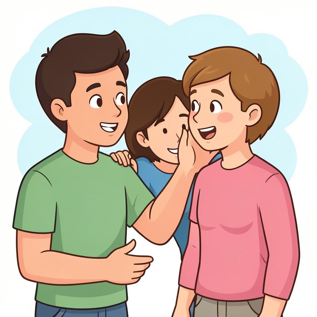 An interpreter whispering into the ear of a person to help them understand a conversation.