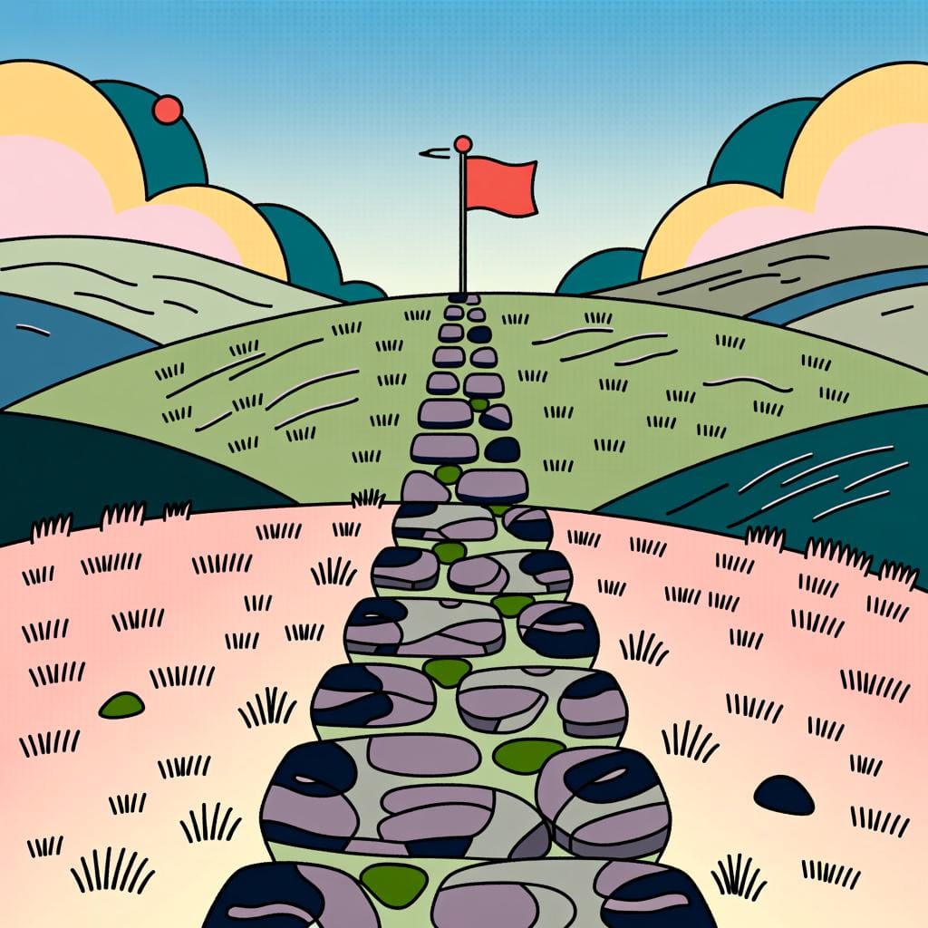 A clear, winding path made of stepping stones leading directly to a brightly colored destination flag on a hilltop.
