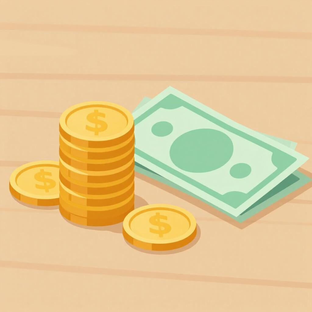 A stack of gold coins and several paper bills sitting on a wooden table.
