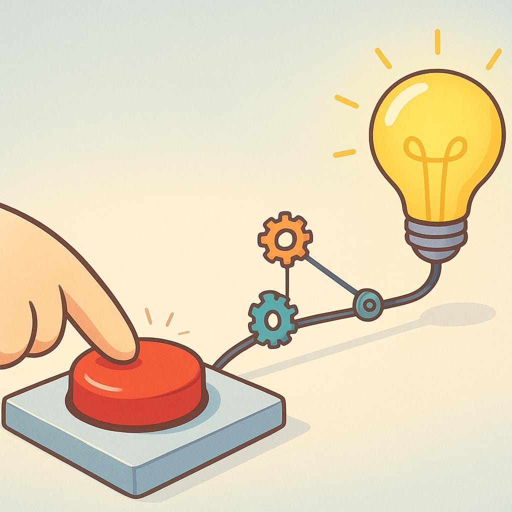 A simple cartoon hand pushes a large red button, which is connected by a visible mechanism to a distant, brightly lit yellow lightbulb that has just illuminated.