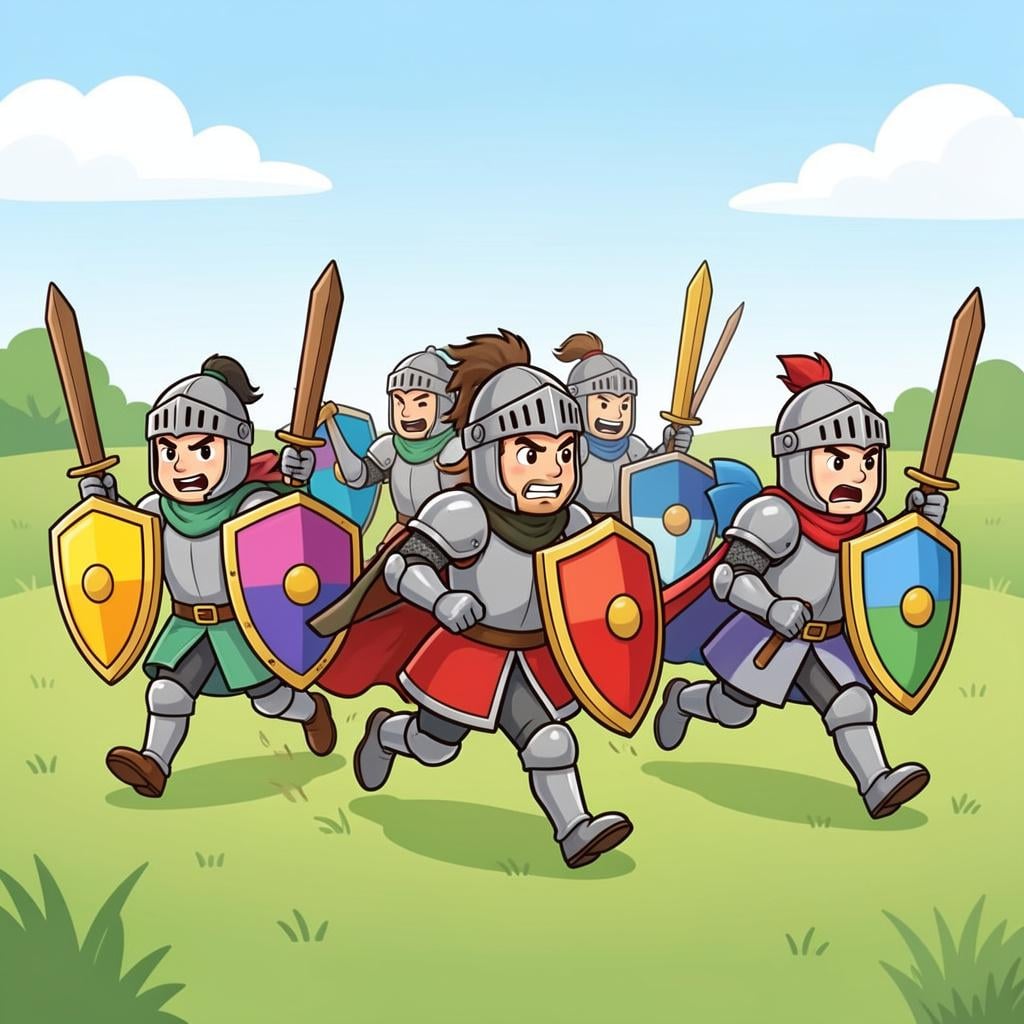 A group of knights in armor charging forward with shields and wooden swords.