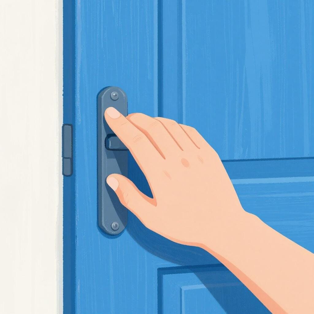 A hand closing a bright blue wooden door in a cozy room.