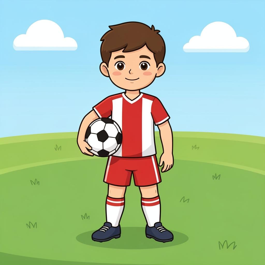 A young athlete in a colorful team uniform holding a soccer ball on a green field.