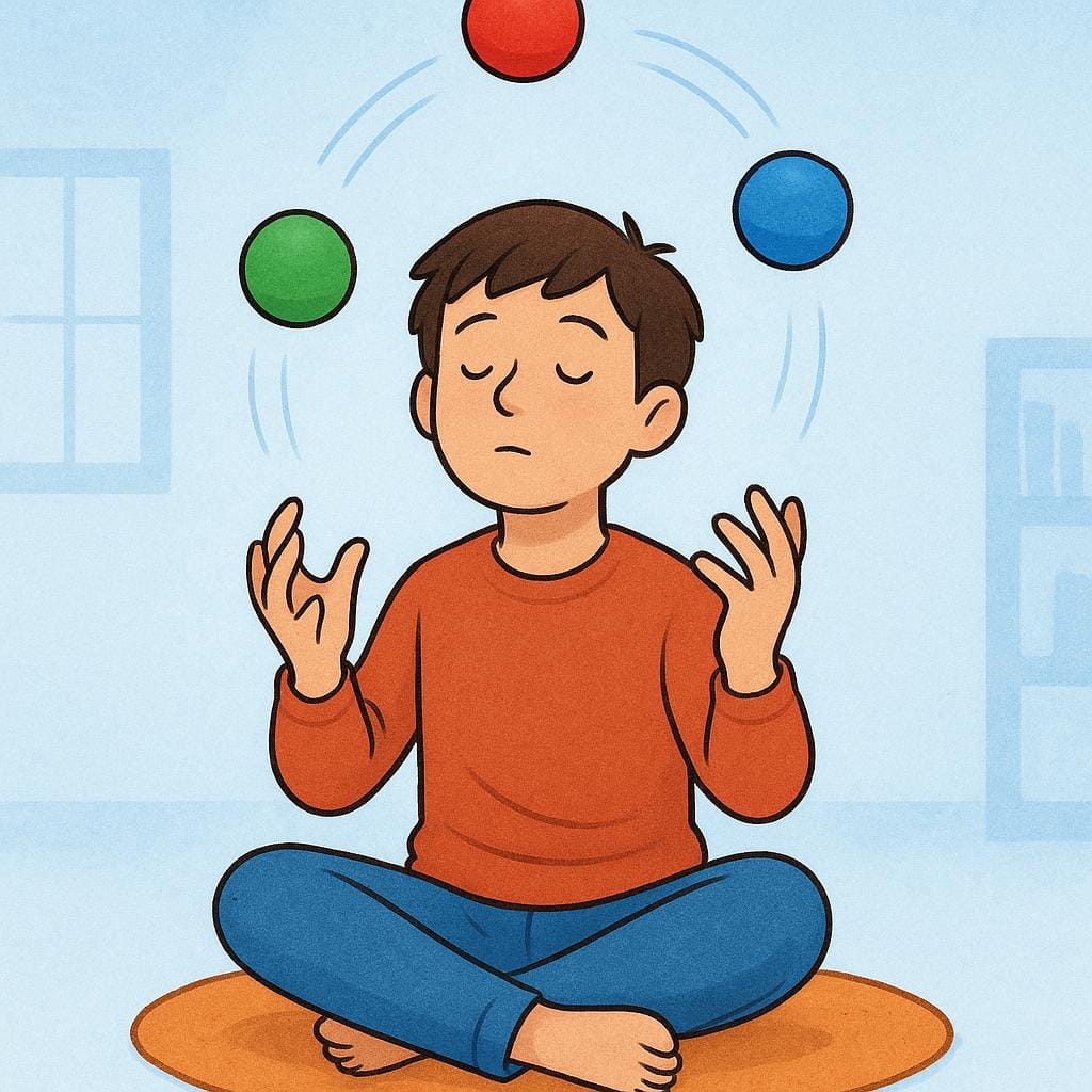 A lone person sitting and concentrating intensely while successfully juggling three brightly colored balls, demonstrating self-training.