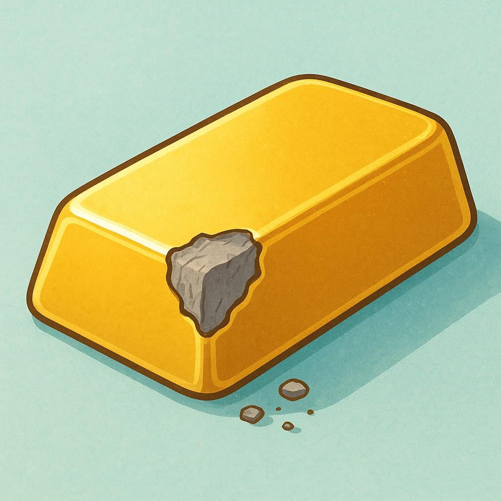 A shiny gold bar lying on a surface, with a corner chipped off revealing dull gray plaster underneath, indicating it is fake.
