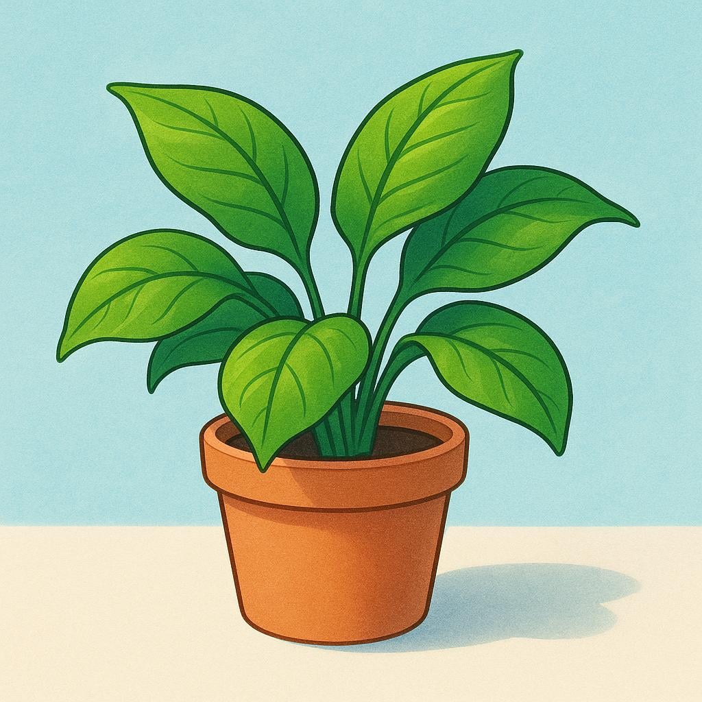 A single, vibrant green, healthy potted plant with several large leaves unfurling, sitting in a patch of bright sunlight.