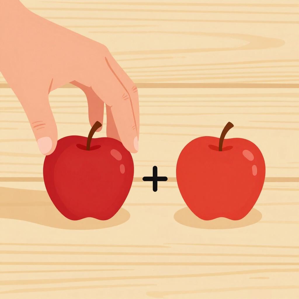 A hand placing a single red apple next to another red apple on a wooden table.
