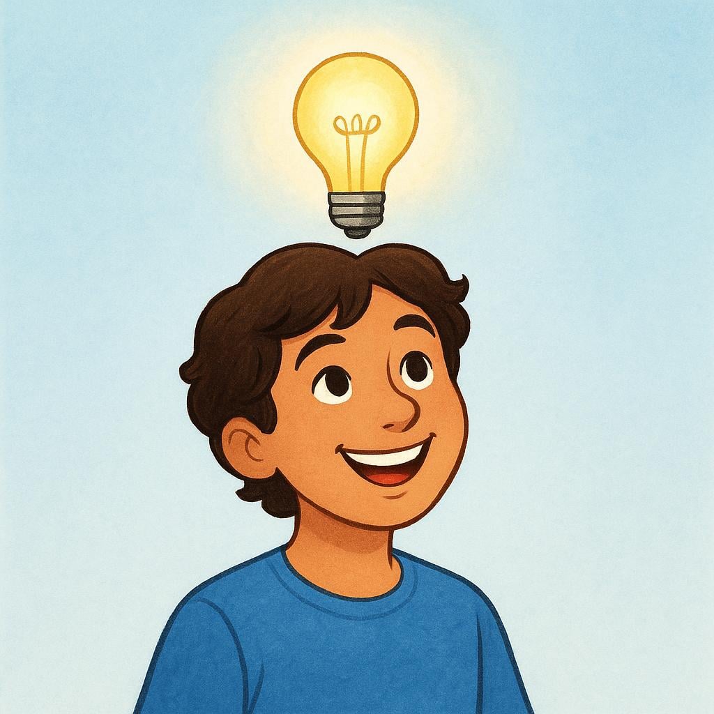 A young person with a big smile and a glowing lightbulb above their head, representing the feeling of having understood something.
