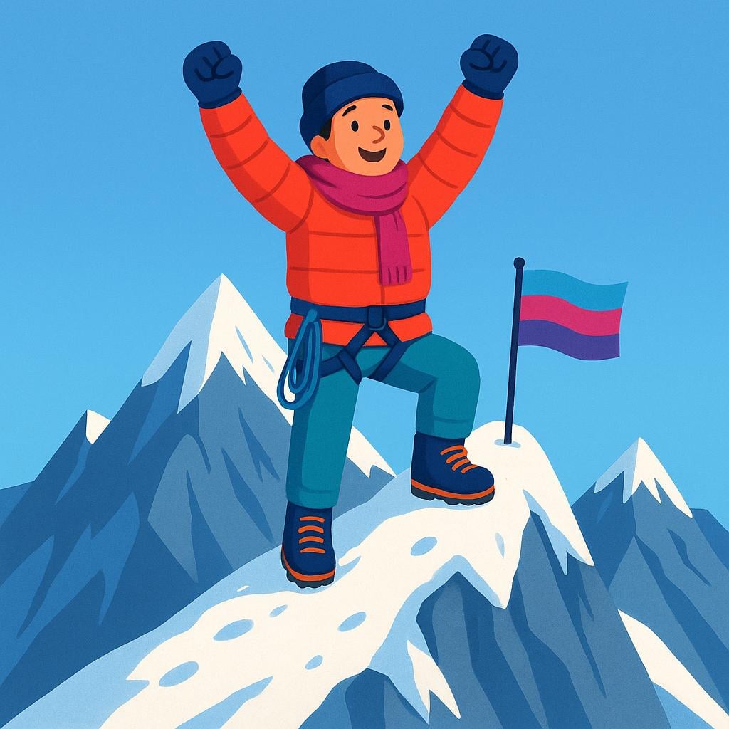 A triumphant climber stands on the snowy, rocky peak of a very tall mountain, having reached the highest point. A small banner or flag is planted next to the climber.