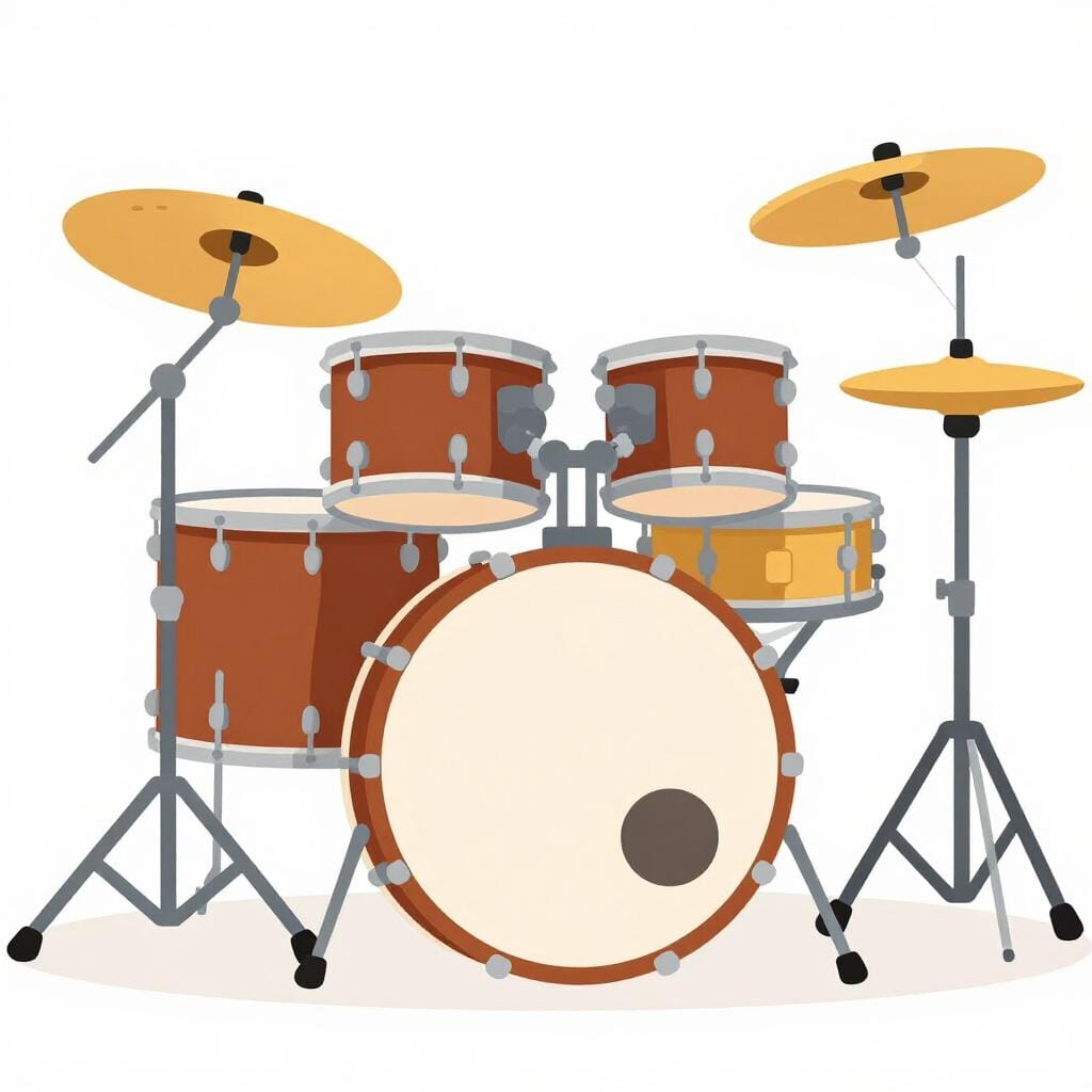 A complete drum kit with a bass drum, snare, and cymbals.