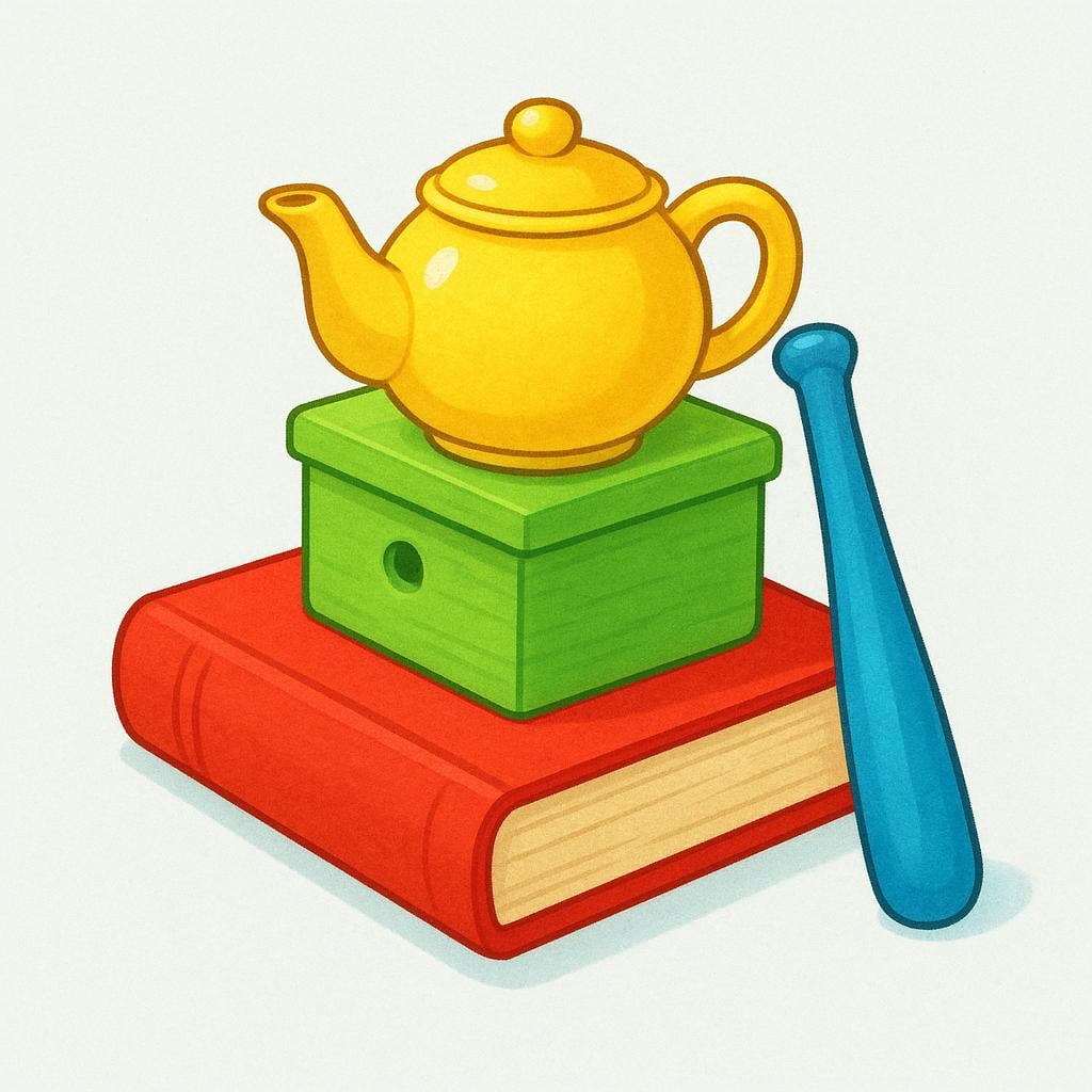 A colorful illustration showing a stack of various household goods, including a red book, a yellow teapot, a blue baseball bat, and a small green toy box.