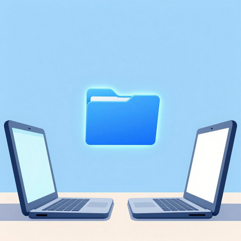 Een kleurrijke illustratie van een glooiende blauwe map die door de lucht beweegt tussen twee laptops.