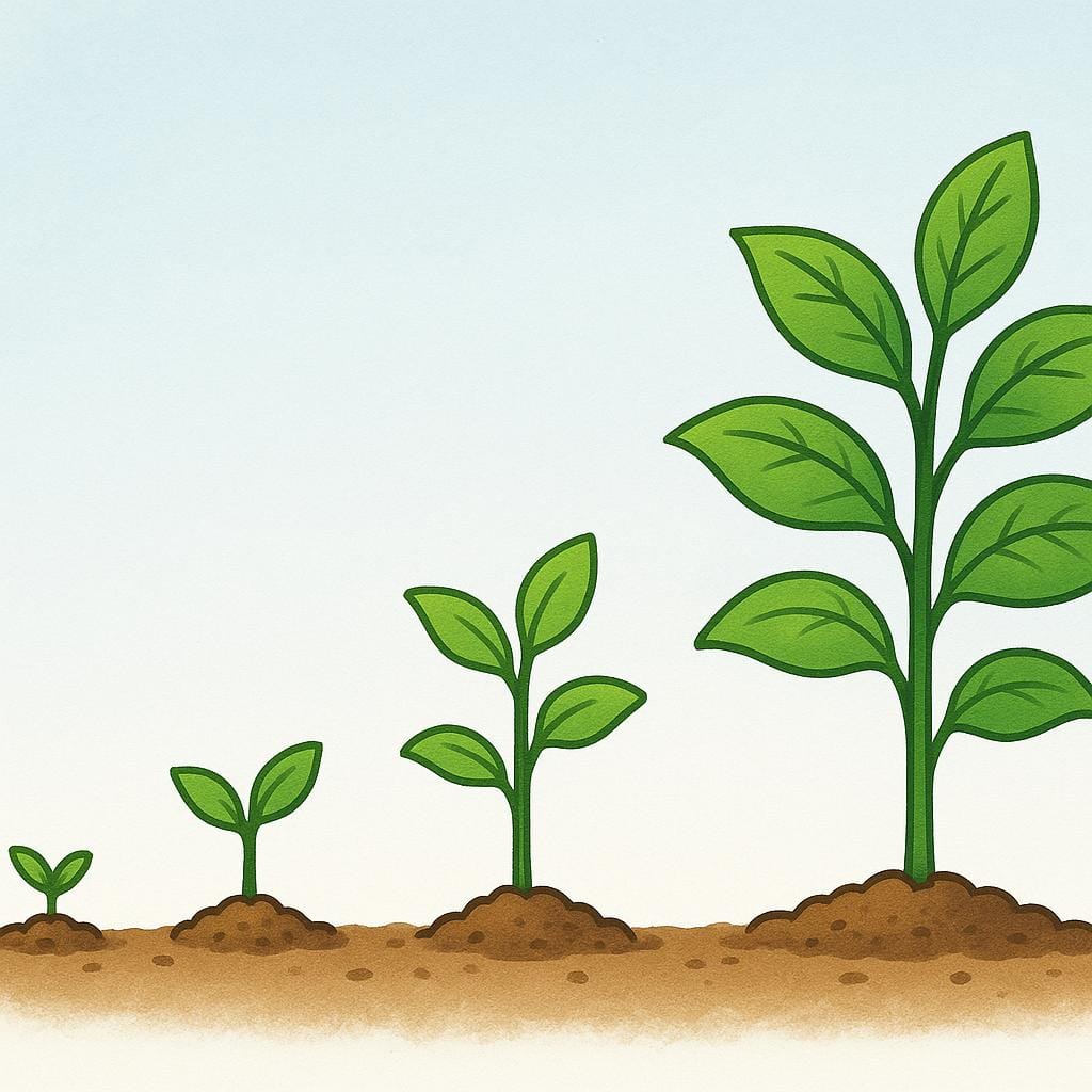 A colorful illustration showing a small green plant growing into a much larger, leafy plant.