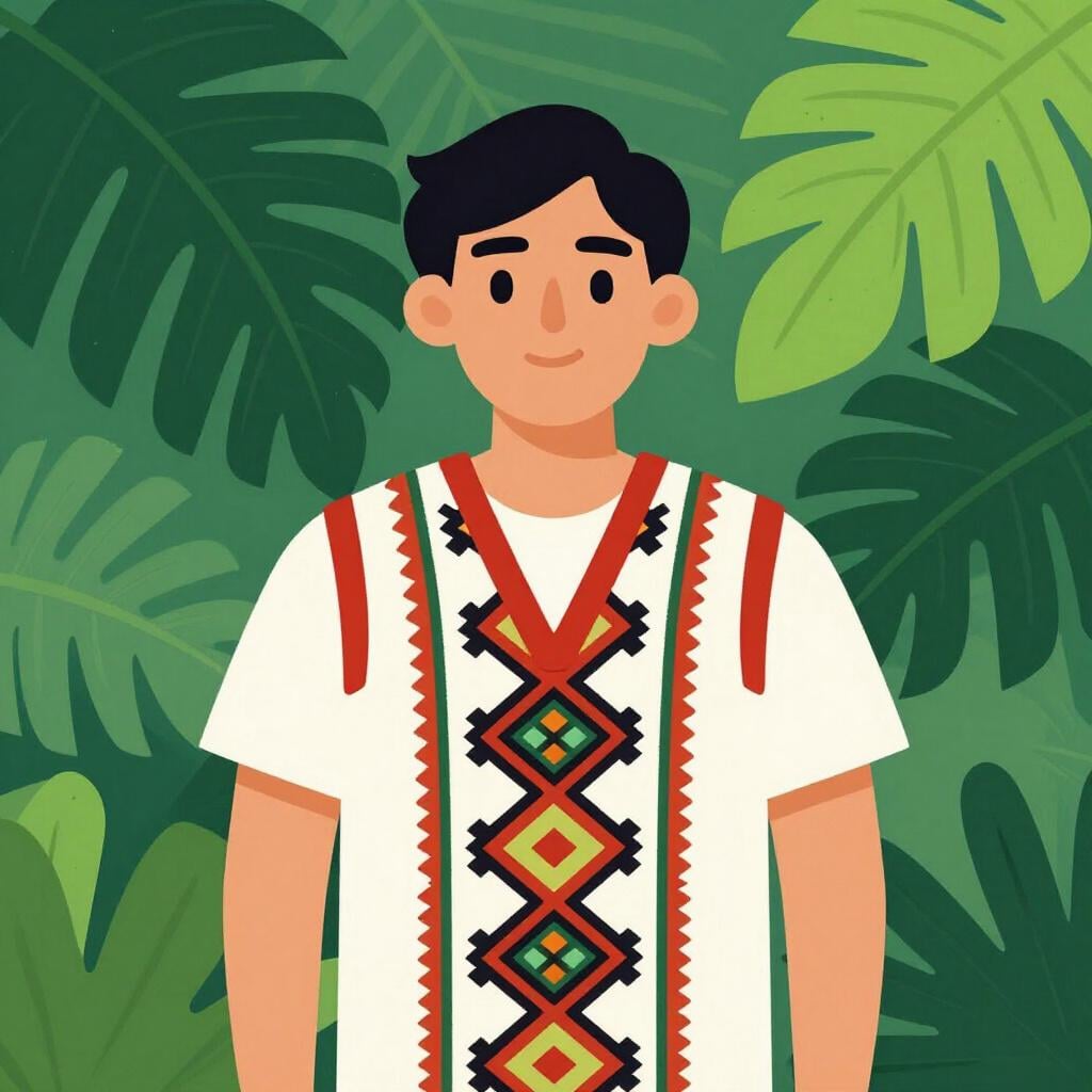 Une personne portant un gilet à motif textile traditionnel d'Amérique centrale, debout dans un jardin tropical luxuriant.