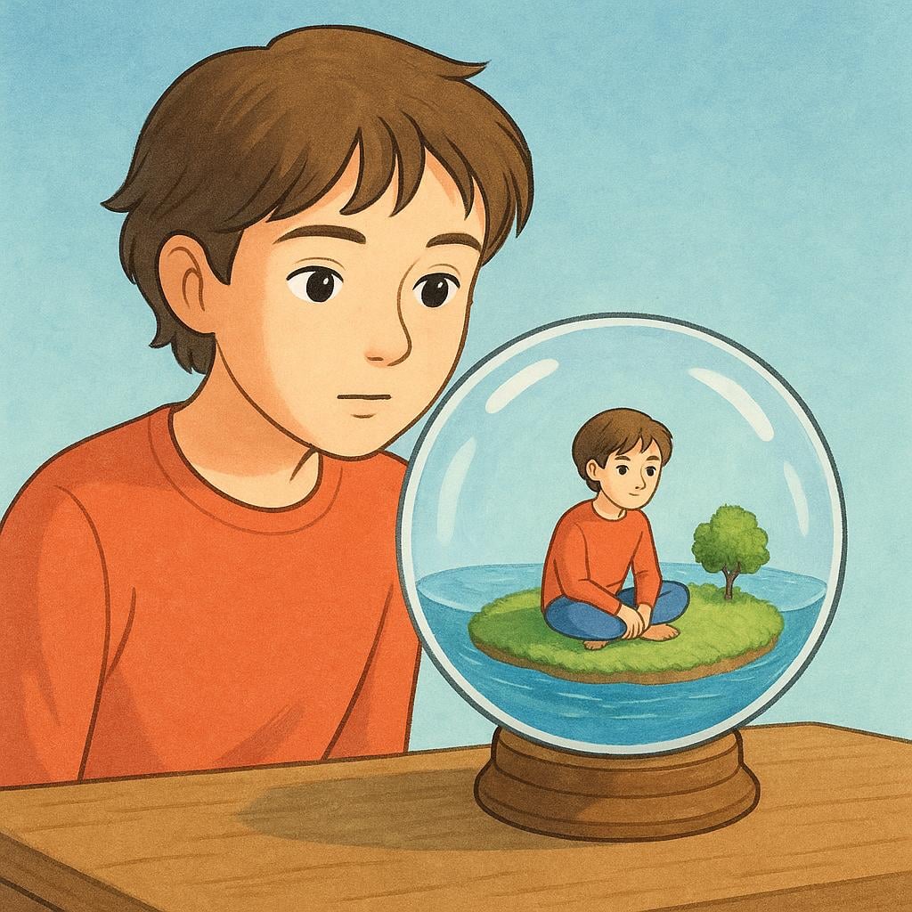 A young person is looking intently at a large, clear crystal ball. Inside the crystal ball, a miniature version of the same person is visible, sitting happily on a small, lush green island surrounded by calm blue water.