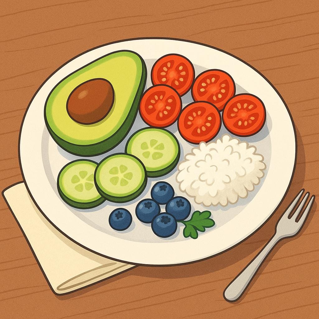 A close-up view of a perfectly presented plate of food, such as a colorful pasta dish, resting on a wooden table.