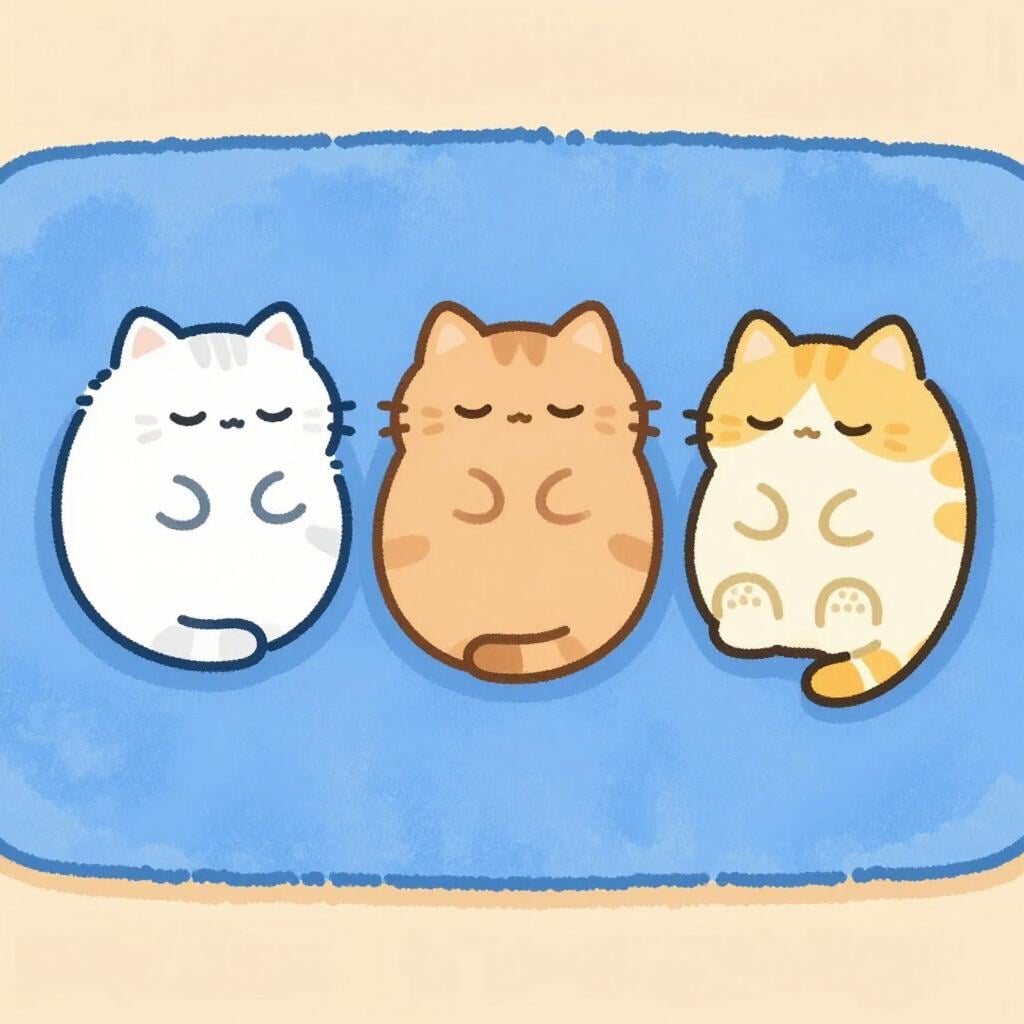A row of three fluffy cats curled up and sleeping soundly on a soft rug.