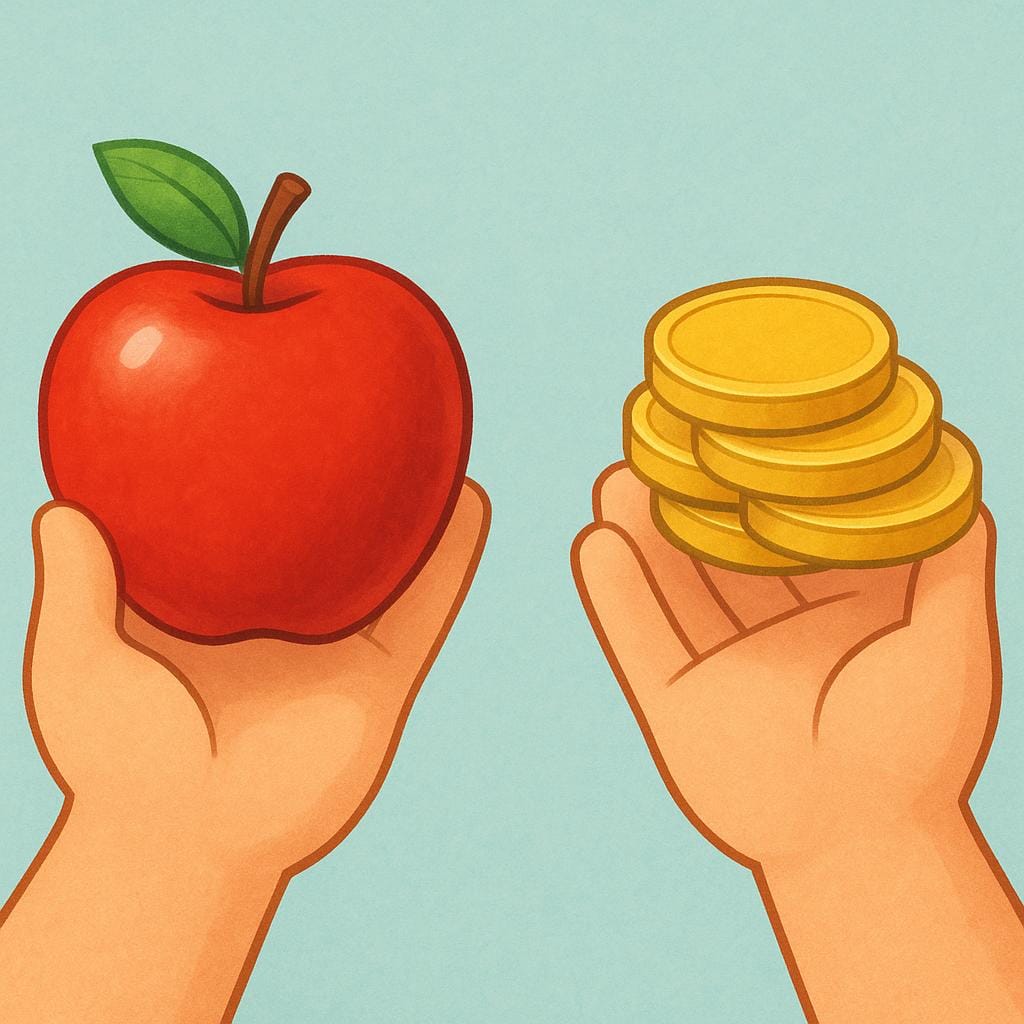 Eine Hand hält einen perfekten roten Apfel, während eine andere Hand eine kleine Stapel glänzender goldener Token entgegenstreckt, was den Preis oder die Kosten des Artikels symbolisiert.