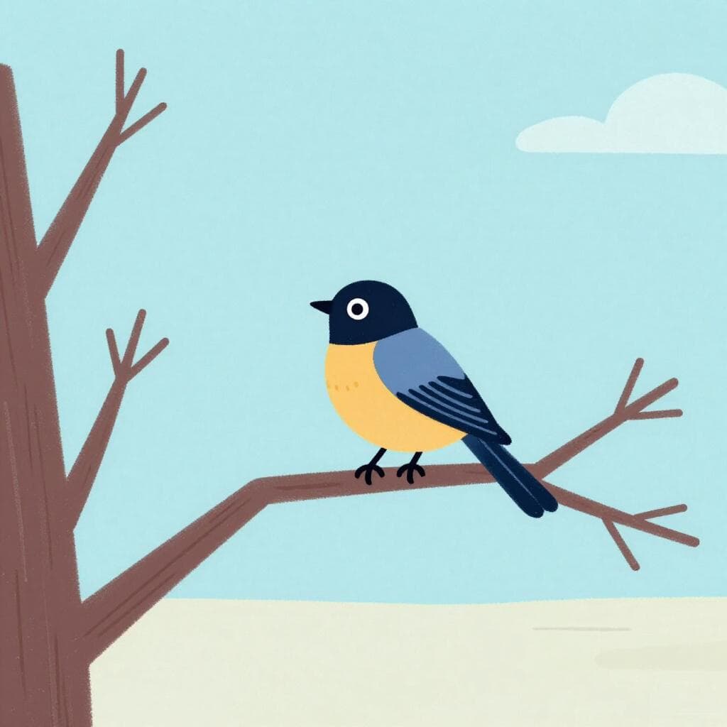 Un oiseau solitaire et coloré assis sur une seule branche dans un paysage vaste et vide.