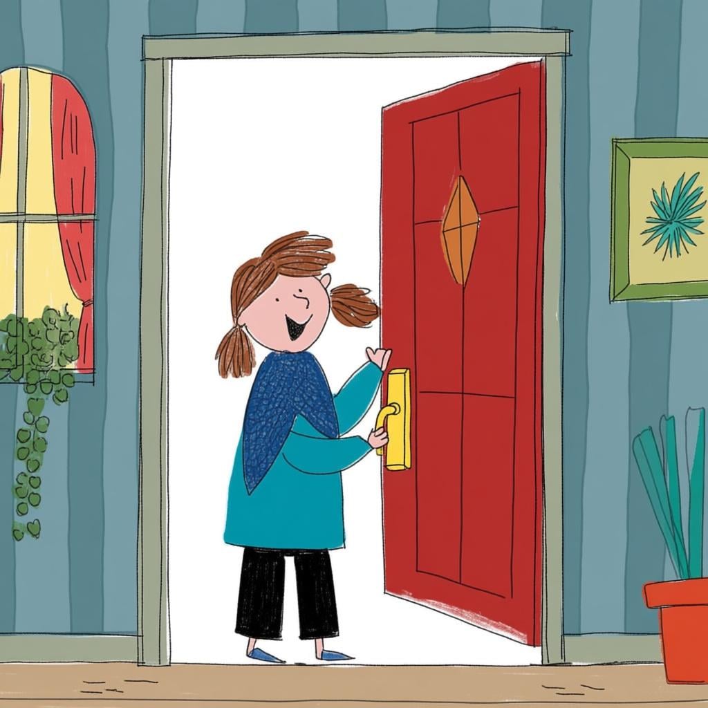 A character standing immediately inside a front doorway, still holding the door handle and looking slightly out of breath, indicating a very recent arrival.