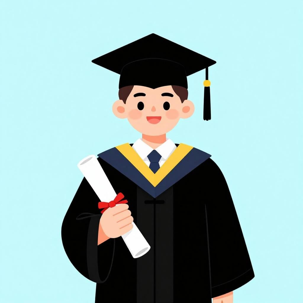 Een persoon die een afstudeerjas en baret draagt, met een diploma en een glimlach.