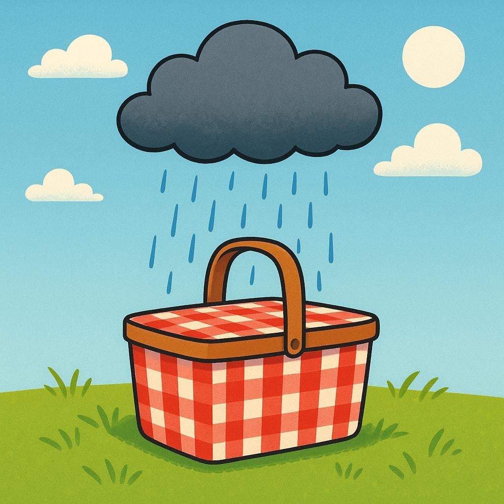 A small, fluffy dark gray rain cloud hovering over a brightly colored red and white checkered picnic basket sitting on sunny green grass, symbolizing bad luck.