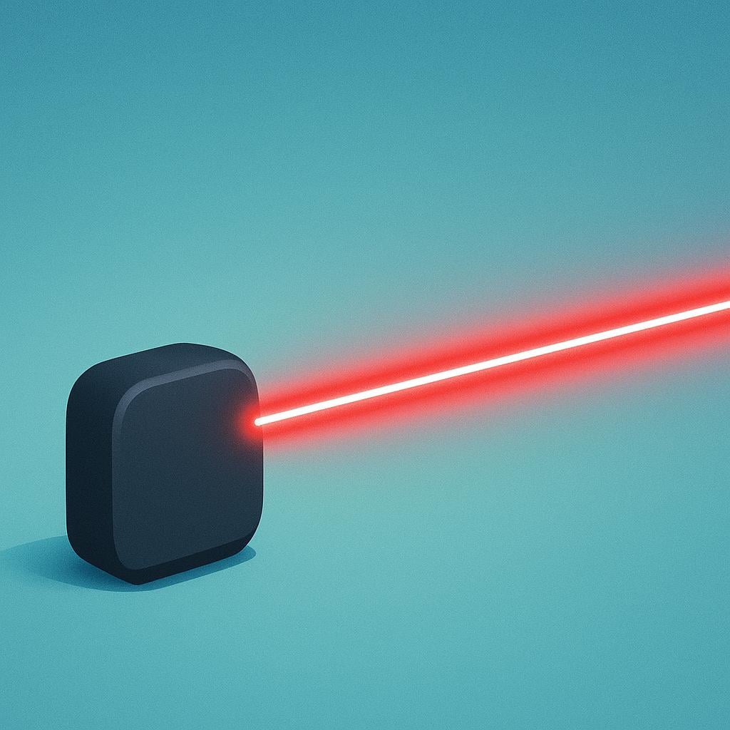 A single, thin, intensely bright red laser beam shooting straight out from a small, stylized, dark handheld device, set against a contrasting dark background.