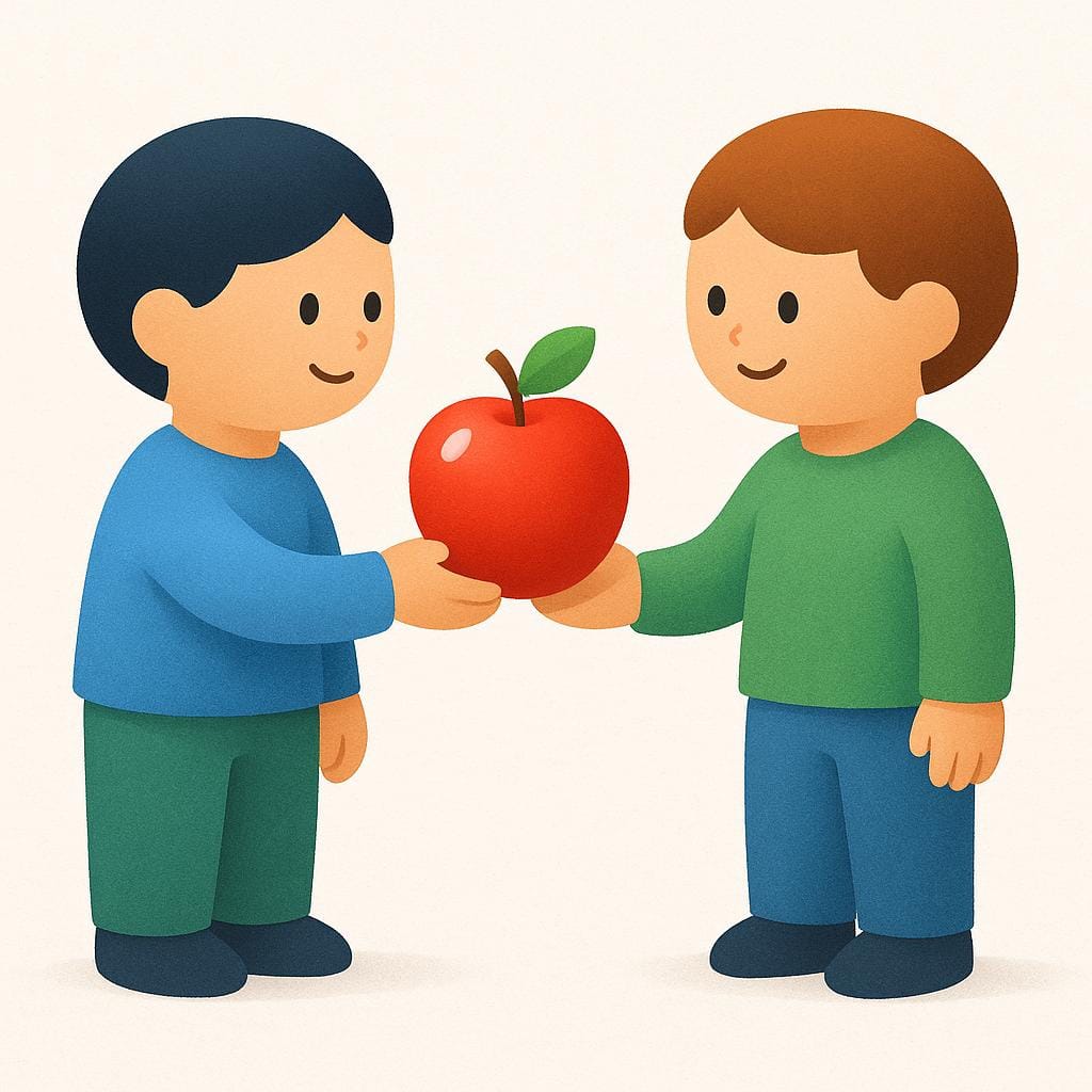Uma ilustração de livro de histórias de alta qualidade mostrando duas figuras simples de frente uma para a outra. Uma figura estende a mão, oferecendo uma única maçã vermelha brilhante para a outra figura.