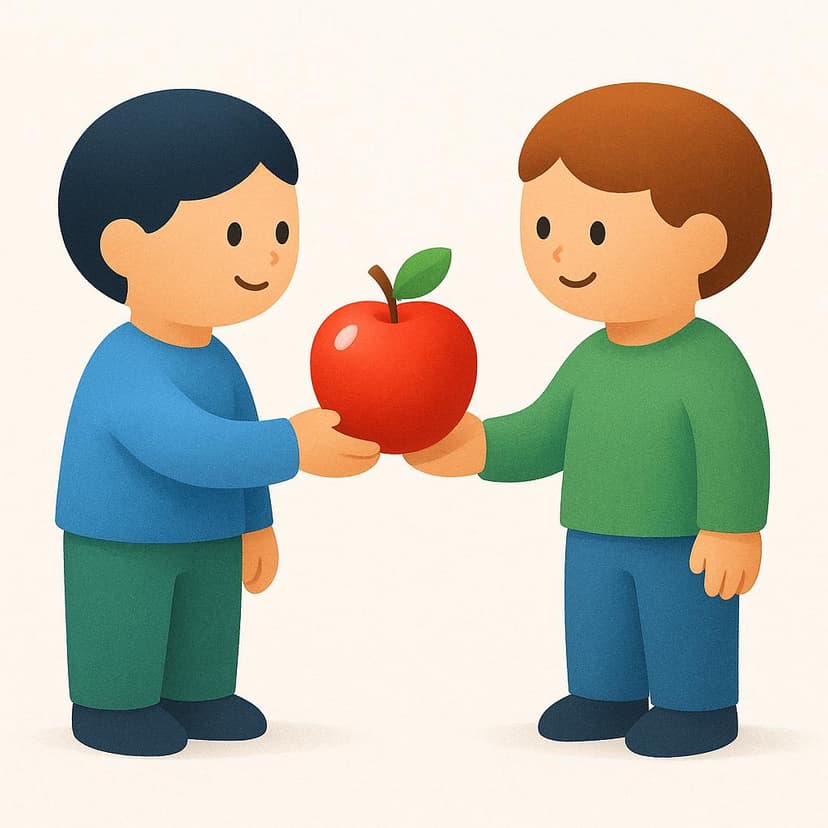 A high quality storybook illustration showing two simple figures facing each other. One figure is extending their hand, offering a single, bright red apple to the other figure.