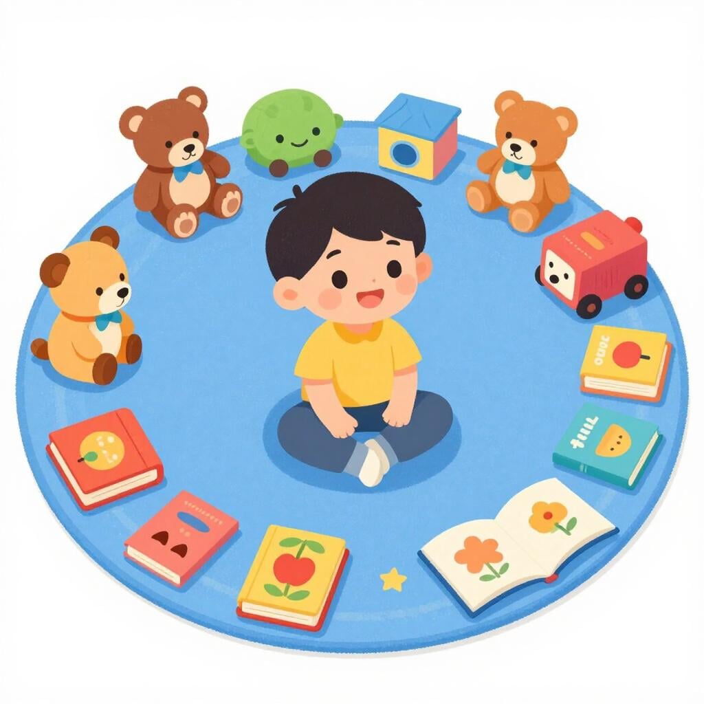 A happy child sitting on a rug, surrounded by many colorful toys and books.