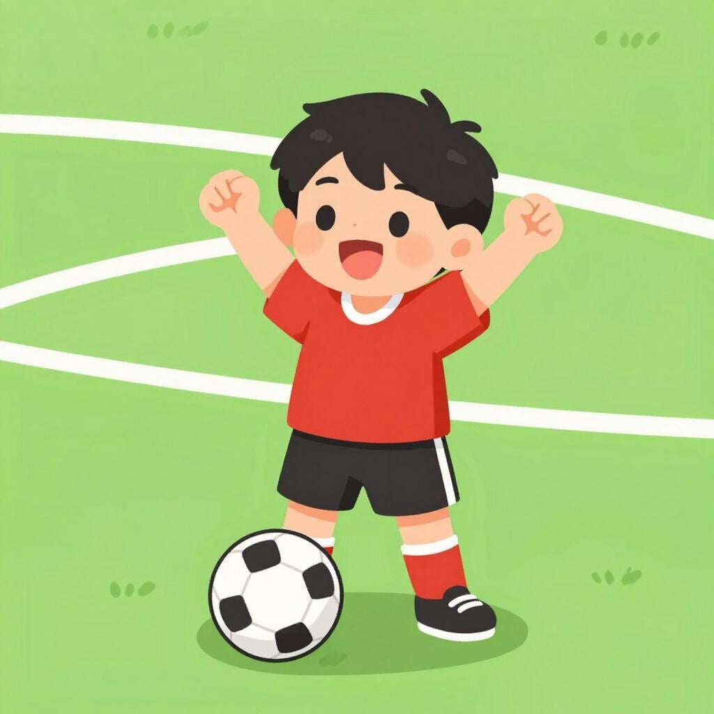 A child in a soccer uniform standing on a grass field with a soccer ball, celebrating a goal.