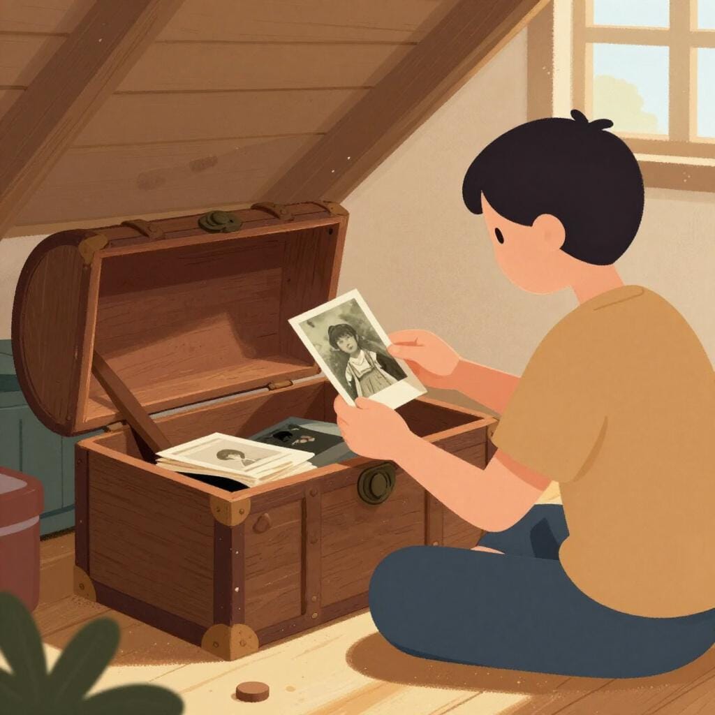 Une personne ouvrant une vieille boîte en bois poussiéreuse dans un grenier, regardant de vieilles photographies.