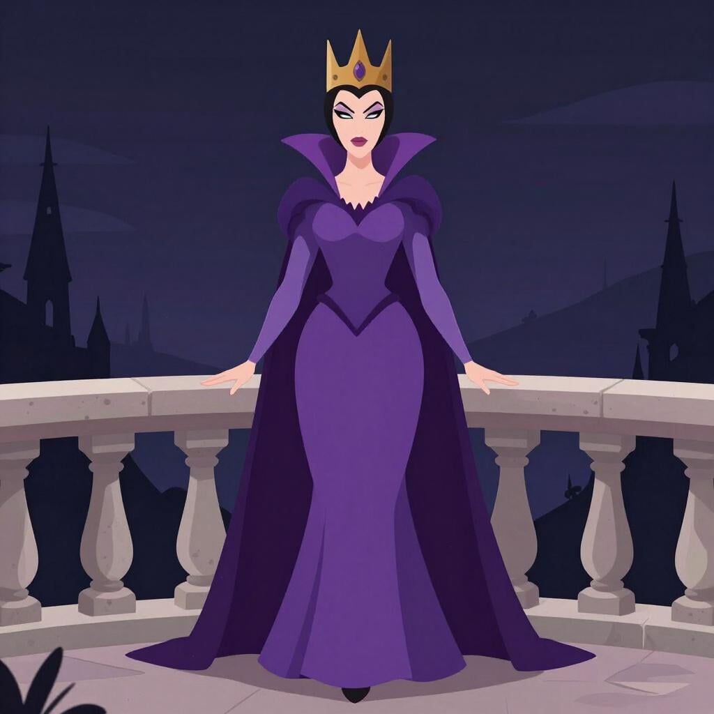 Une illustration stylisée d'une antagoniste féminine puissante vêtue de vêtements sombres élaborés, se tenant de manière dramatique sur le balcon d'un château.