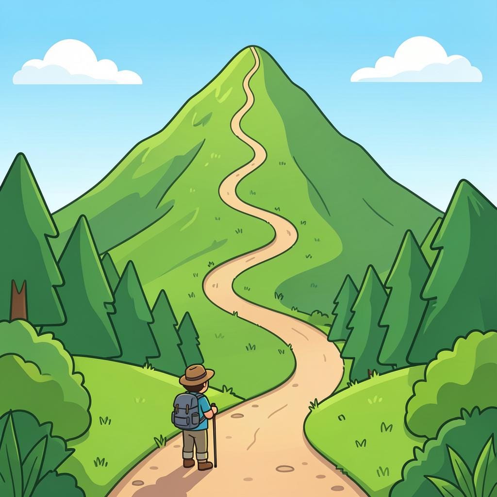 A hiker standing at a crossroads looking at a clear path through the mountains.