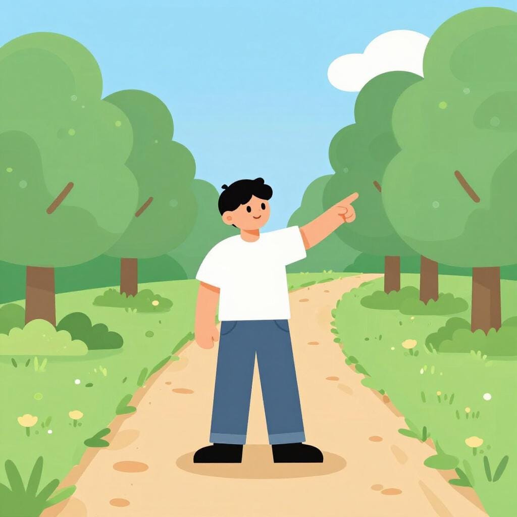 A person standing at a fork in a forest path, pointing confidently towards one of the two trails.